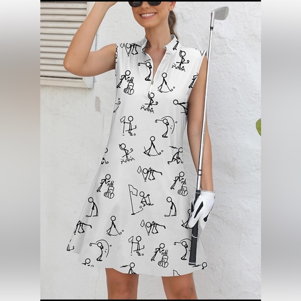 Acegolfs Ladies Black & White Golf Cartoon Dress With Pockets